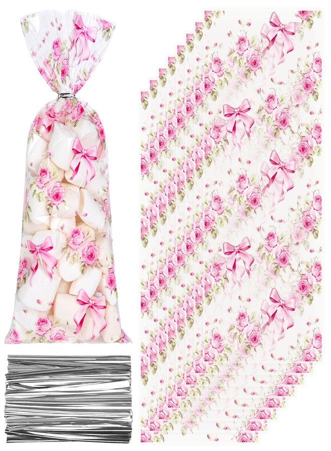 Whaline 100Pcs Wedding Floral Bow Cellophane Treat Bag Pink Coquette Flower Bowknot Plastic Candy Cookie Bags Cello Tea Party Favor Bags with Twist Ties for Summer Baby Bridal Shower Birthday - Image 1